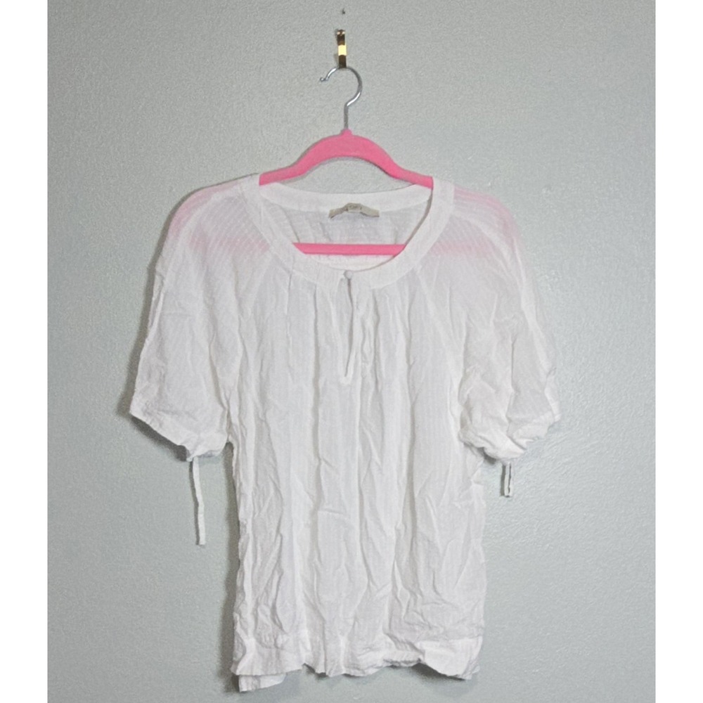 LOFT White Dobby Stripe Gauze Blouse Ruched Tie Sleeve Keyhole Neck Top Size XL